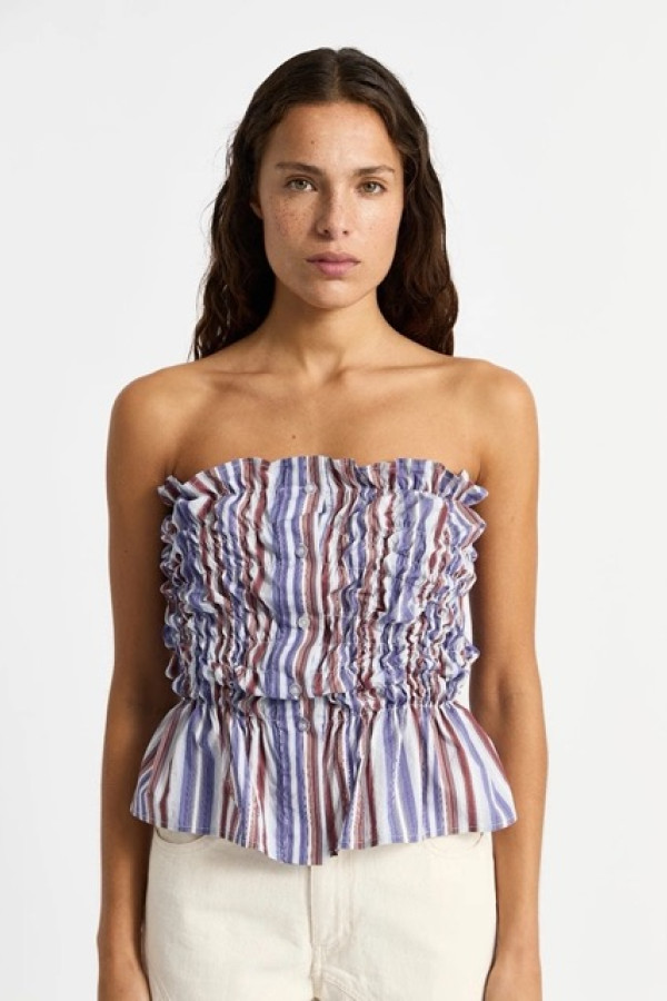 SUSAN BLUE STRIPED RUCHED TOP