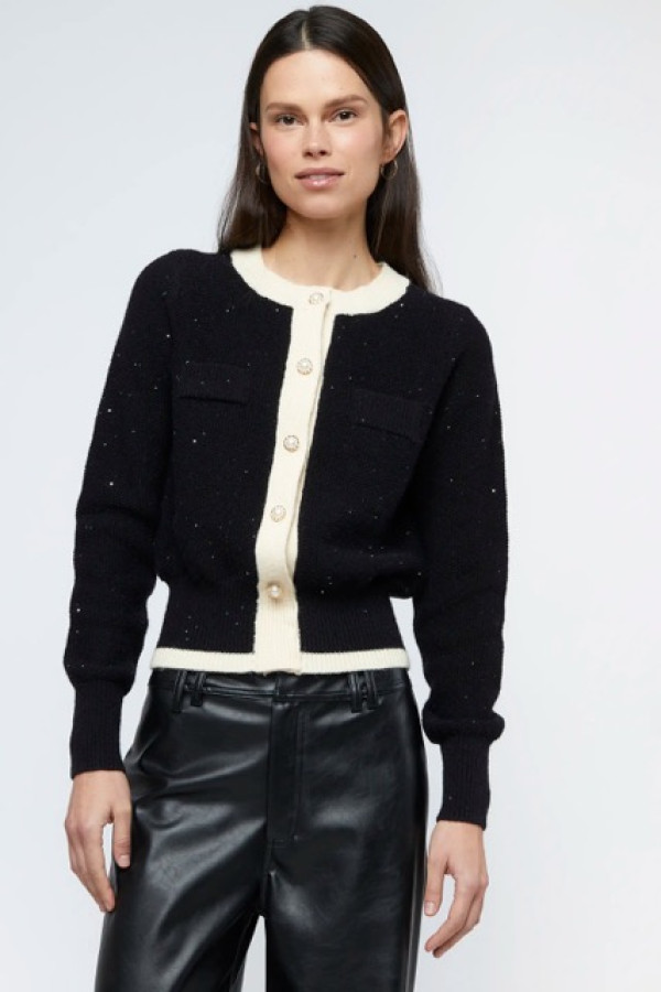 BLACK SHINY KNITTED JACKET WITH JEWEL BUTTON