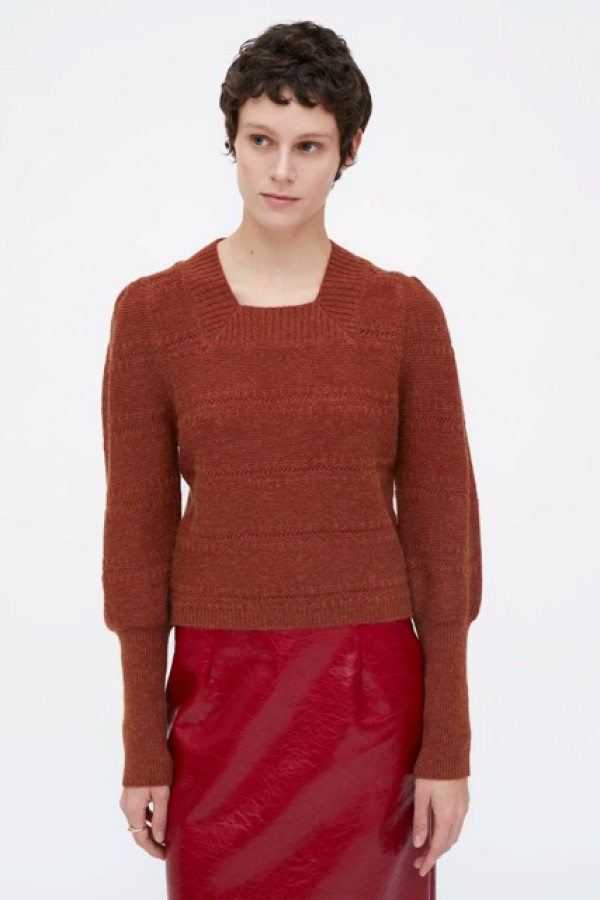 BROWN KNIT TOP WITH PUFFED SLEEVES 
