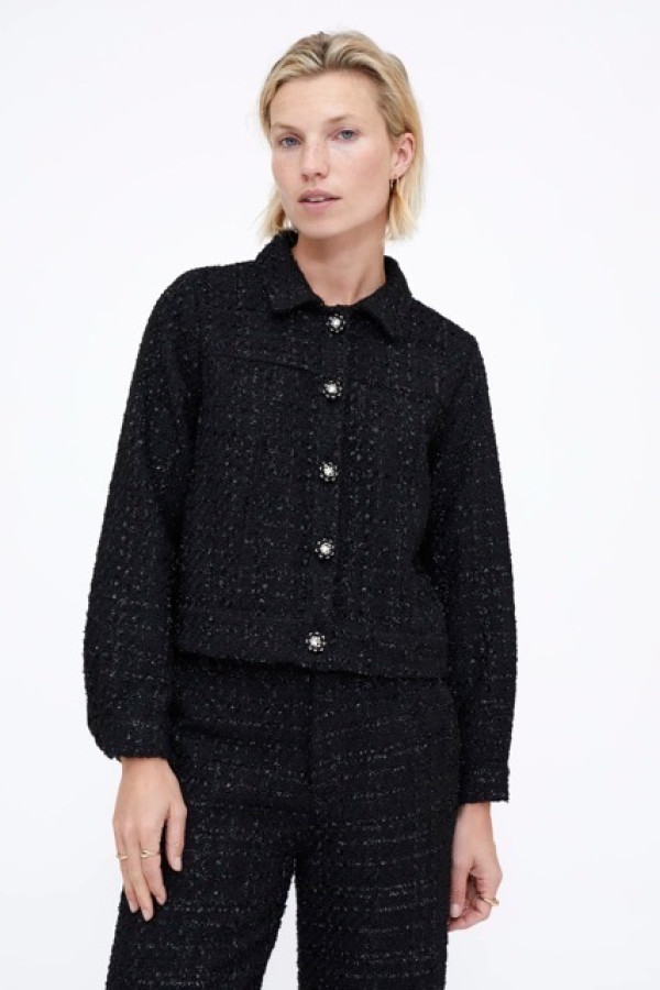 BLACK TWEED JACKET WITH JEWELED BUTTON