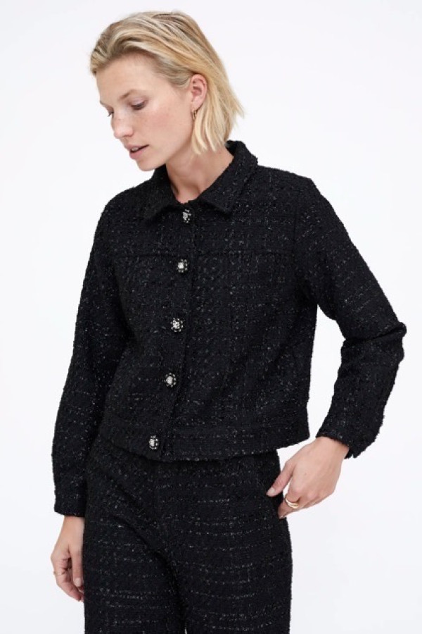 BLACK TWEED JACKET WITH JEWELED BUTTON