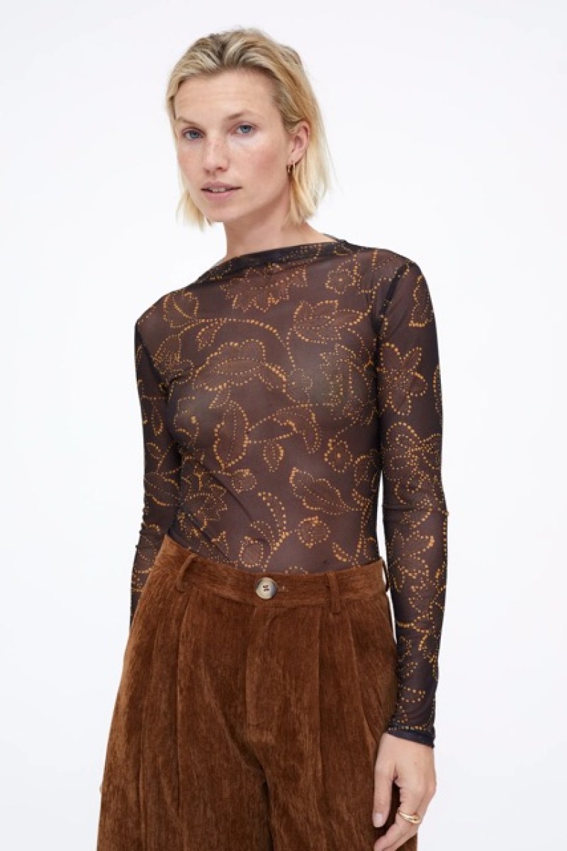 MUSTARD FLOWER PRINT MESH TOP