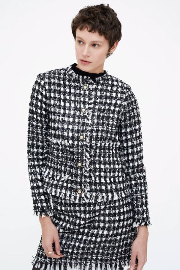 BLACK AND WHITE TWEED JACKET WITH JEWELED BUTTON