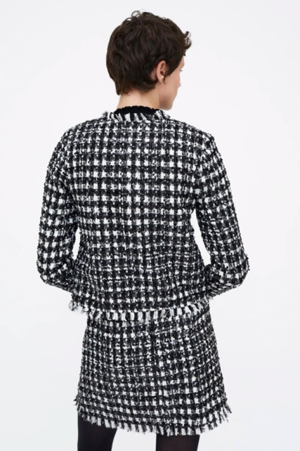 BLACK AND WHITE TWEED JACKET WITH JEWELED BUTTON