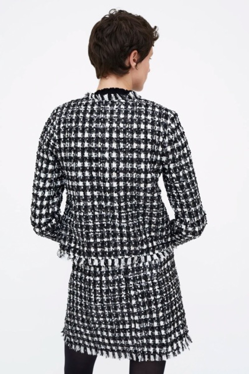 BLACK AND WHITE TWEED JACKET WITH JEWELED BUTTON