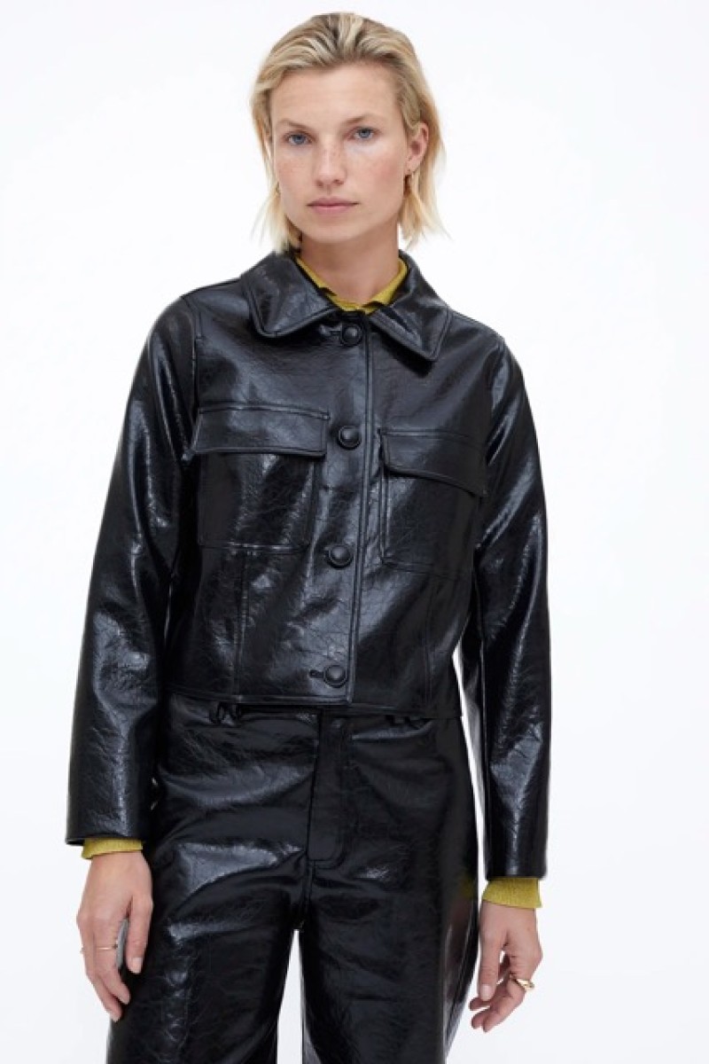 BLACK FAUX LEATHER JACKET WITH FLAP POCKETS