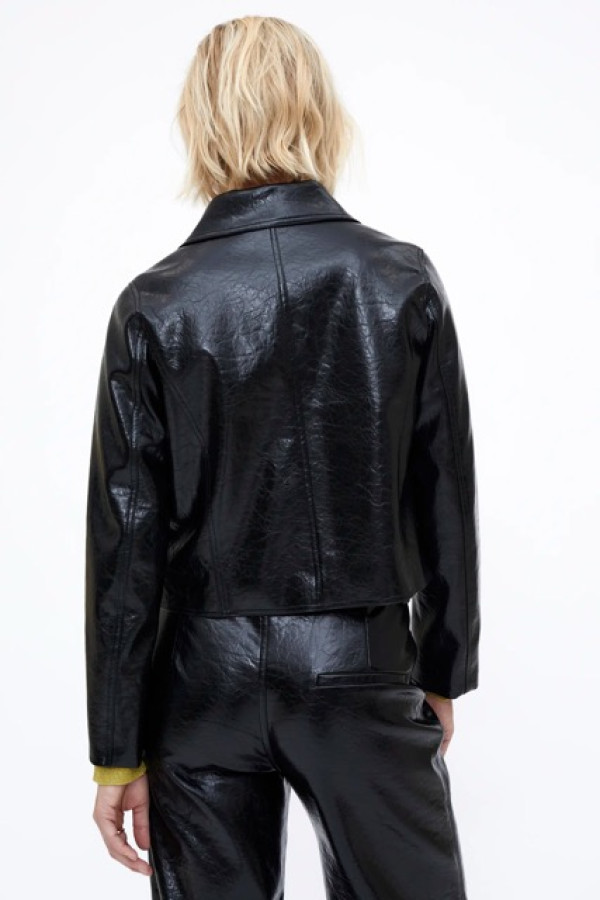 BLACK FAUX LEATHER JACKET WITH FLAP POCKETS