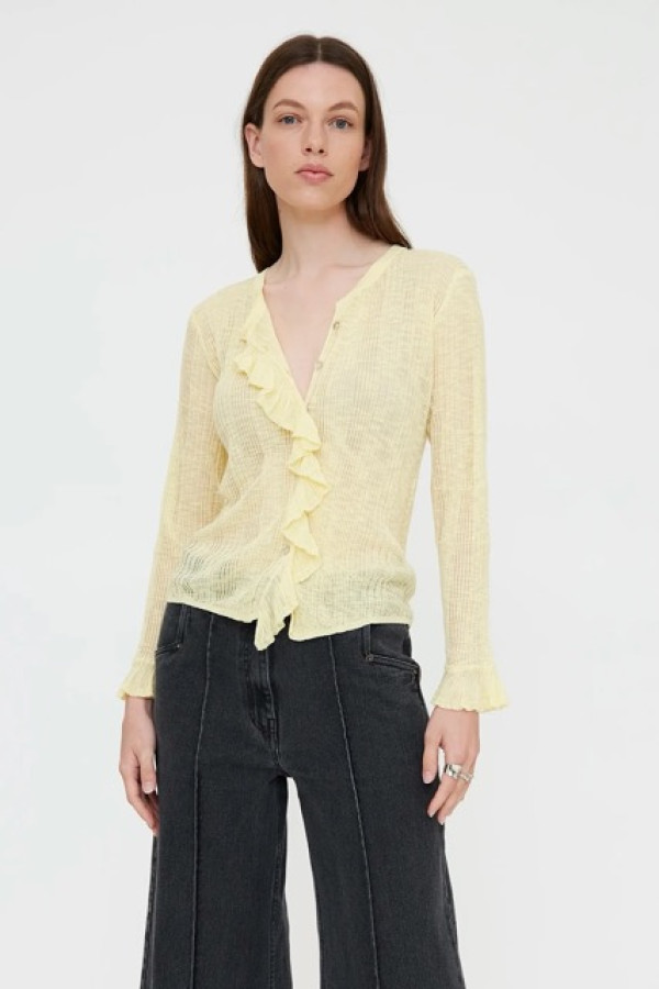 YELLOW KNITTED CARDIGAN WITH RUFFLES