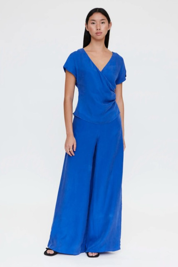 BLUE CREPE TOP V NECK WITH WIDE TROUSERS 