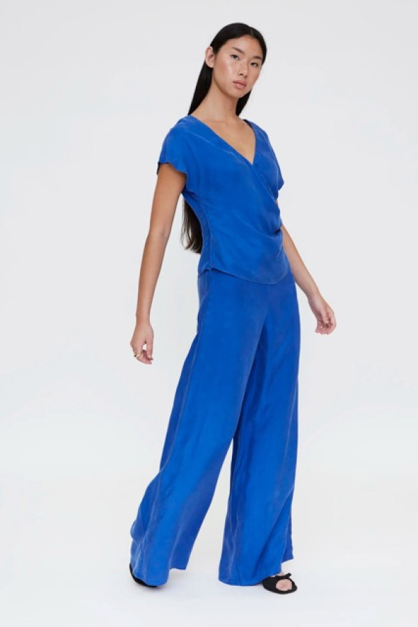 BLUE CREPE TOP V NECK WITH WIDE TROUSERS 