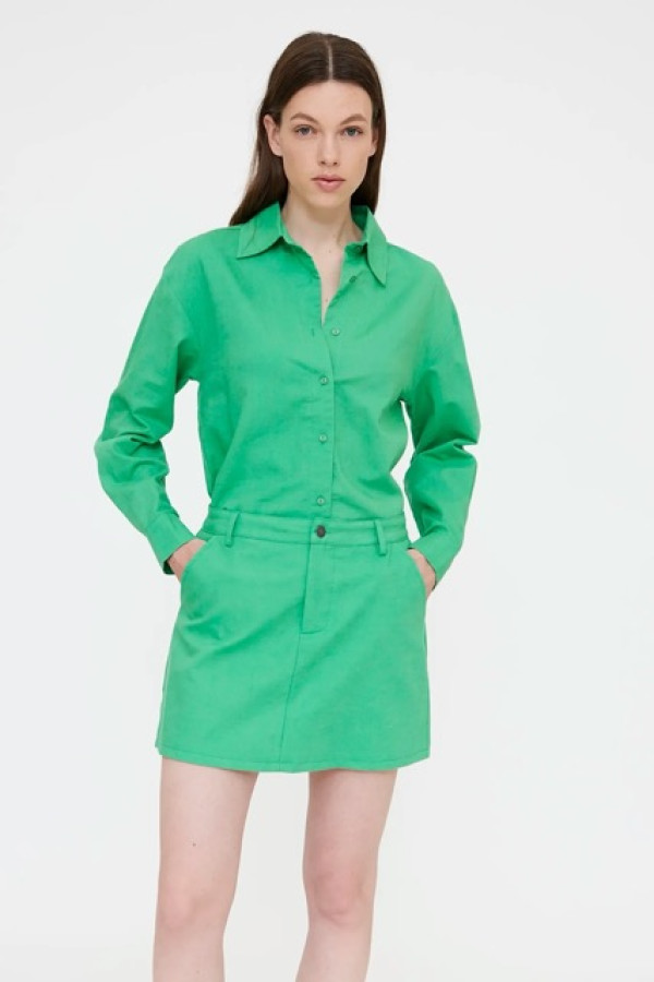 GREEN LINEN COTTON BLEND SHIRT AND MINI SKIRT