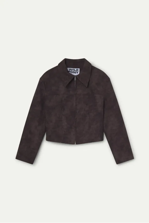 Καφέ Jacket από Συνθετικό Δέρμα με Croco Εφέ