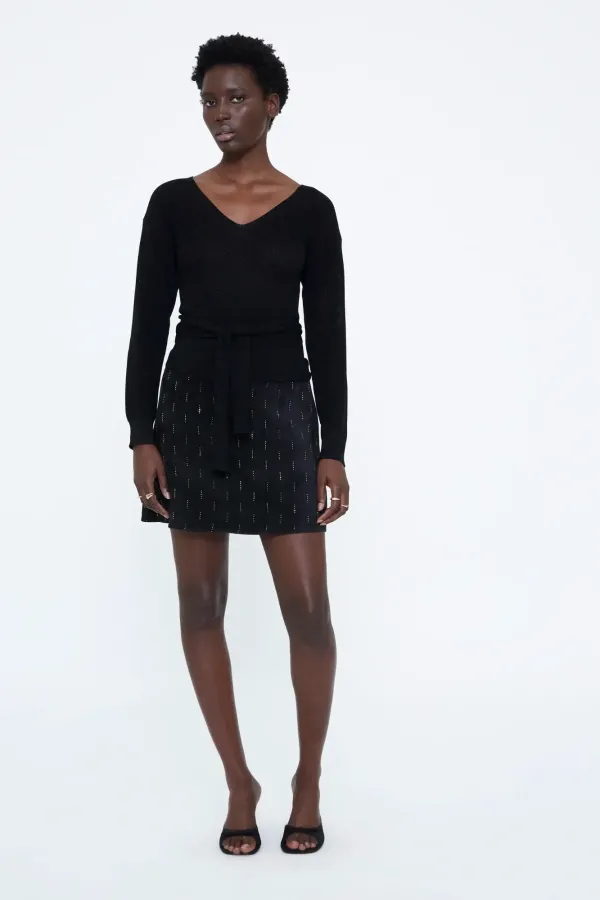 Short Black Skirt with Silver Appliqués