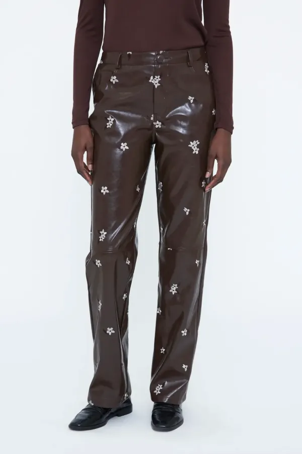 Faux Leather Παντελόνι με Almond Flower Print