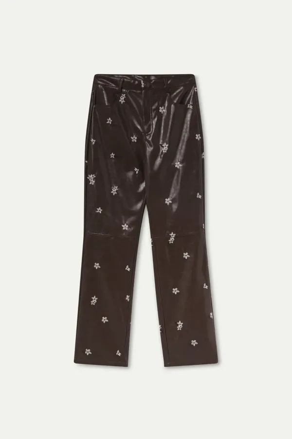 Faux Leather Παντελόνι με Almond Flower Print
