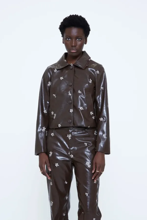 Faux Leather Jacket με Almond Flower Print