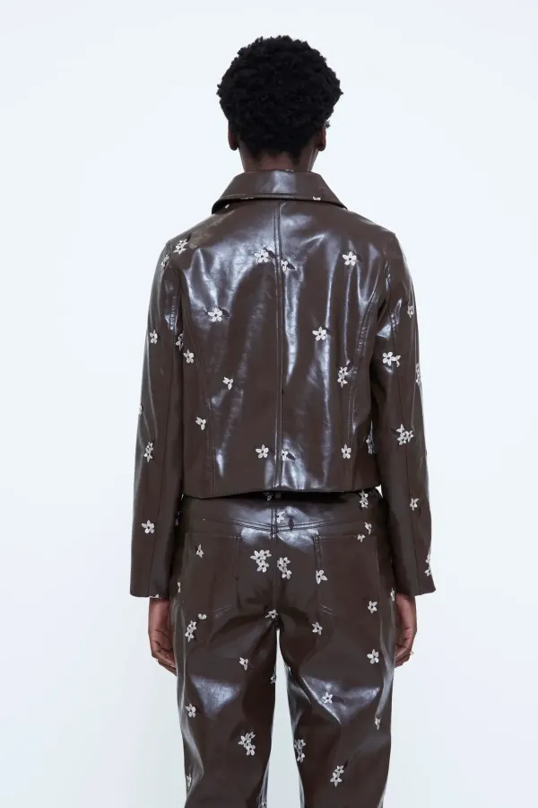 Faux Leather Jacket με Almond Flower Print