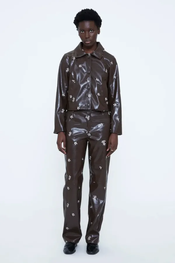 Faux Leather Jacket με Almond Flower Print