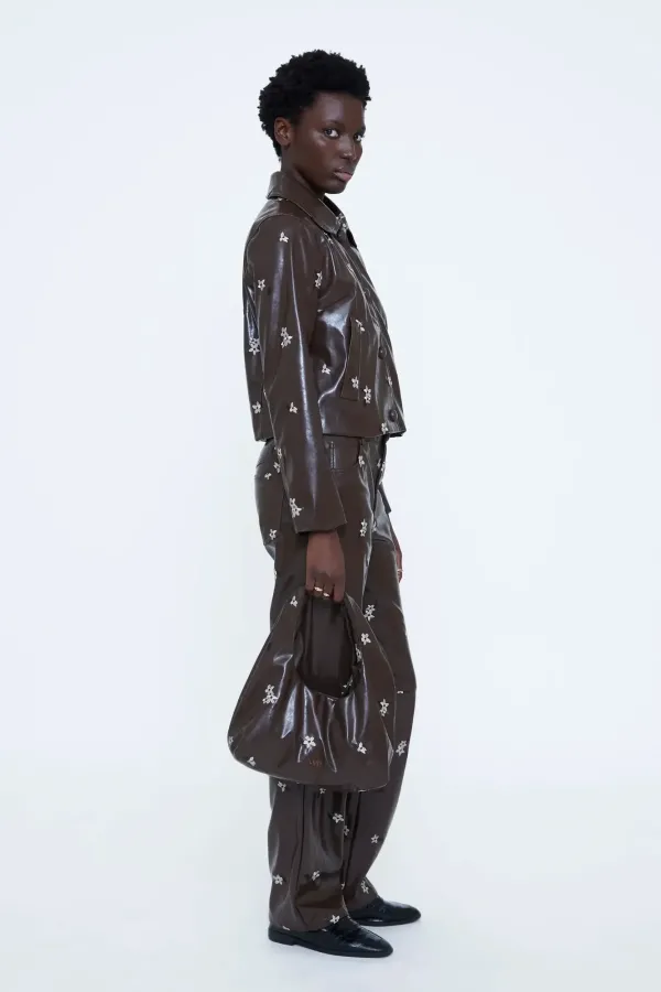 Faux Leather Jacket με Almond Flower Print