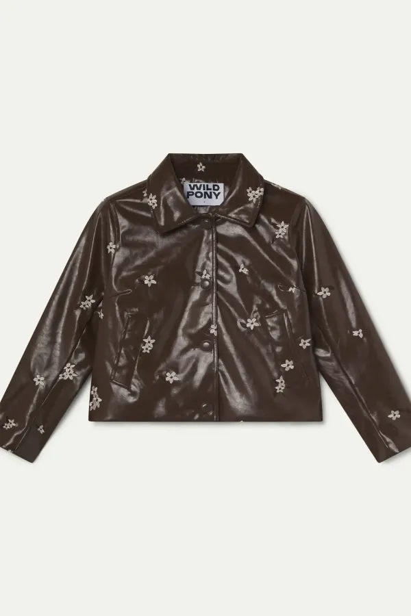 Faux Leather Jacket με Almond Flower Print