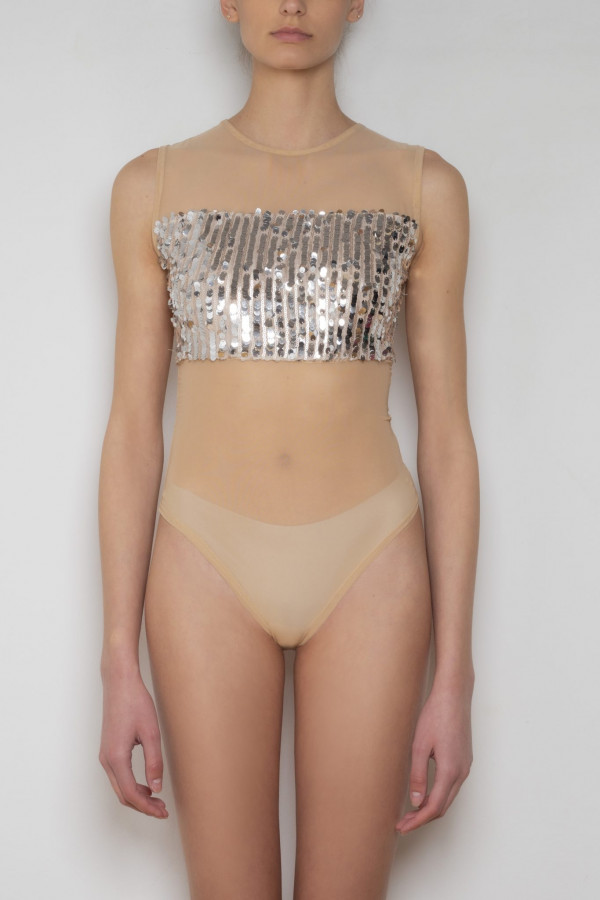 CINDY NUDE BODYSUIT WITH SILVER SEQUINS