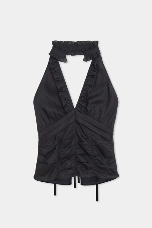 DORA BLACK RUCHED LINEN BLOUSE 
