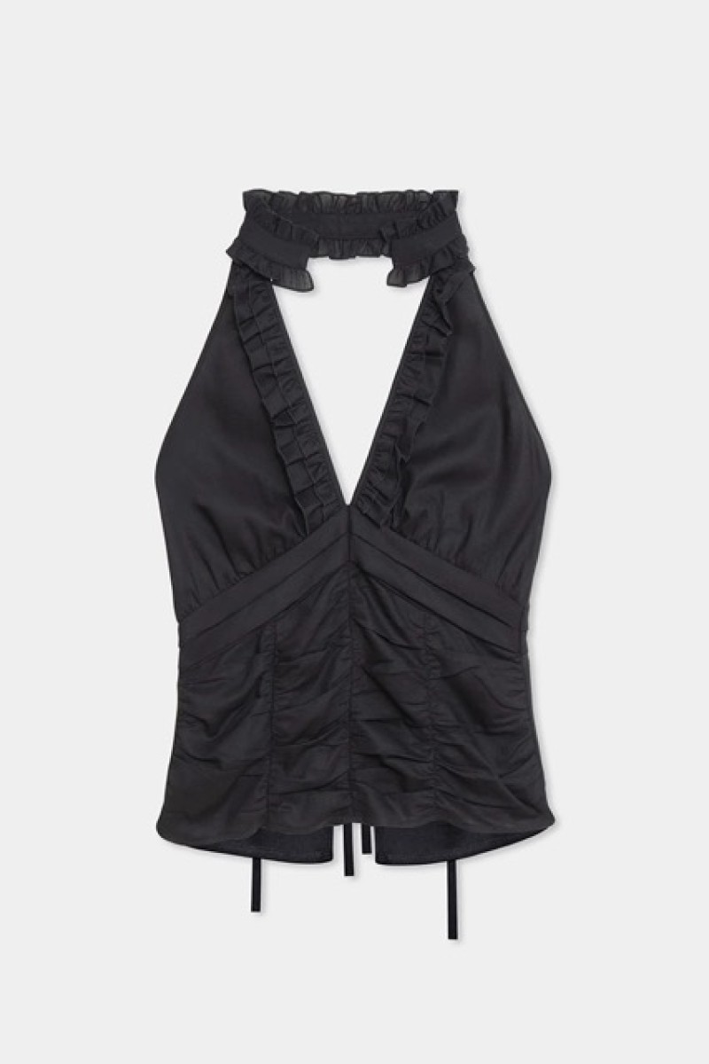 DORA BLACK RUCHED LINEN BLOUSE 