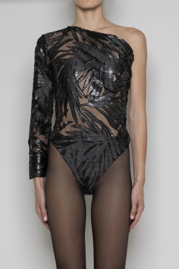 ELODIE SILVER EMBROIDERED BODYSUIT WITH ZIPPER