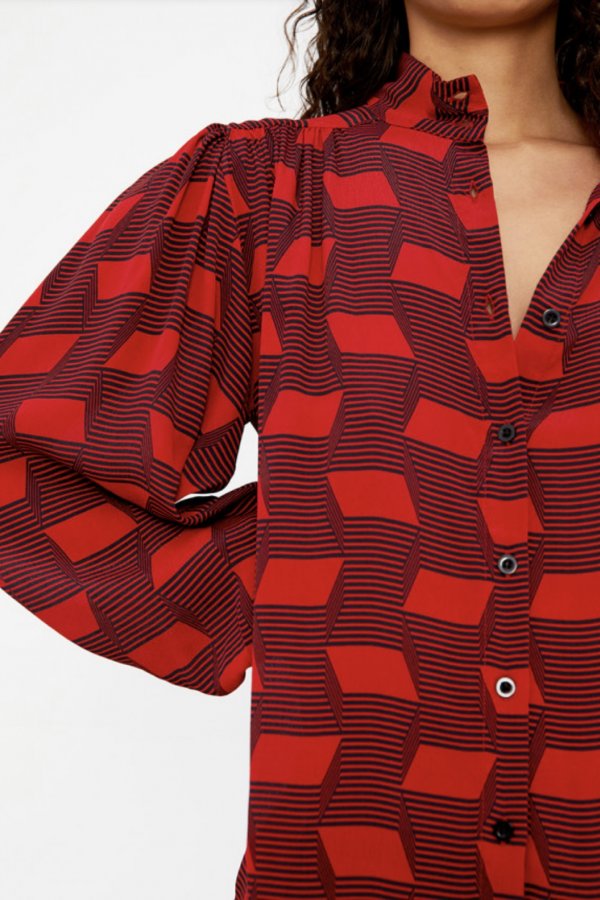 RED GEOMETRIC PRINT CREPE BLOUSE WITH HIGH NECK