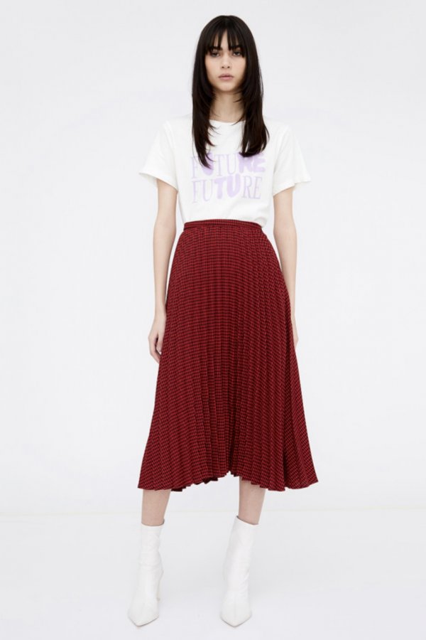 RED HOUNDSTOOTH PRINT PLEATED MID - RISE MIDI SKIRT 