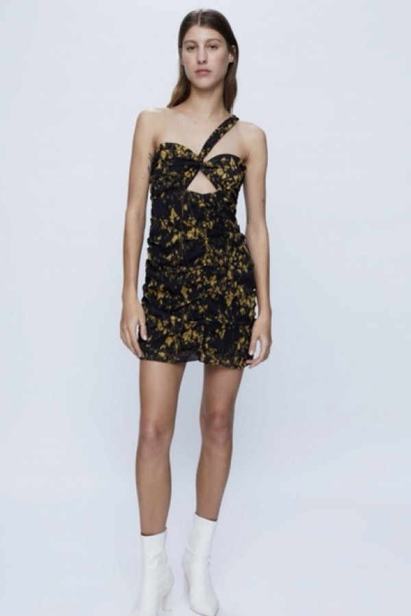 ASYMMETRIC SHORT DRESS WITH YELLOW ORIENTAL PRINT AND BOW