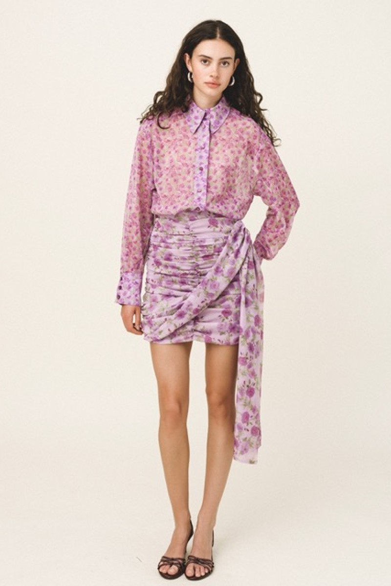 LIORA DRAPPED MINI SKIRT AND ERIS PRINTED SHEER SHIRT