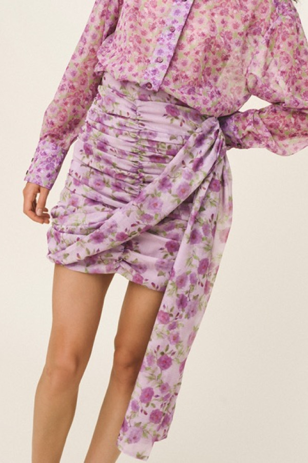 LIORA DRAPPED MINI SKIRT AND ERIS PRINTED SHEER SHIRT