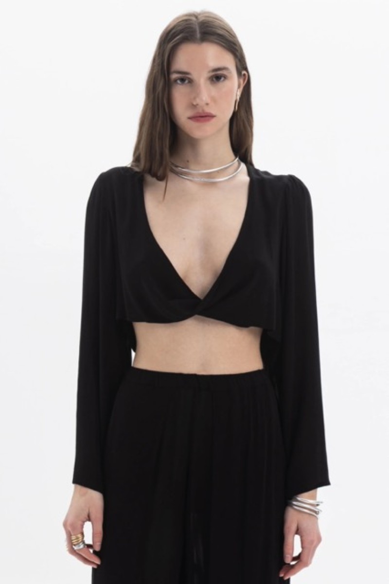DRAPED CROPPED LONG SLEEVE TOP WITH WIDE LEG PANTS