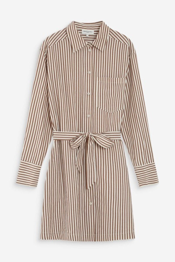STRIPED BELTED SHORT SHIRT DRESS MOCHA VISERY