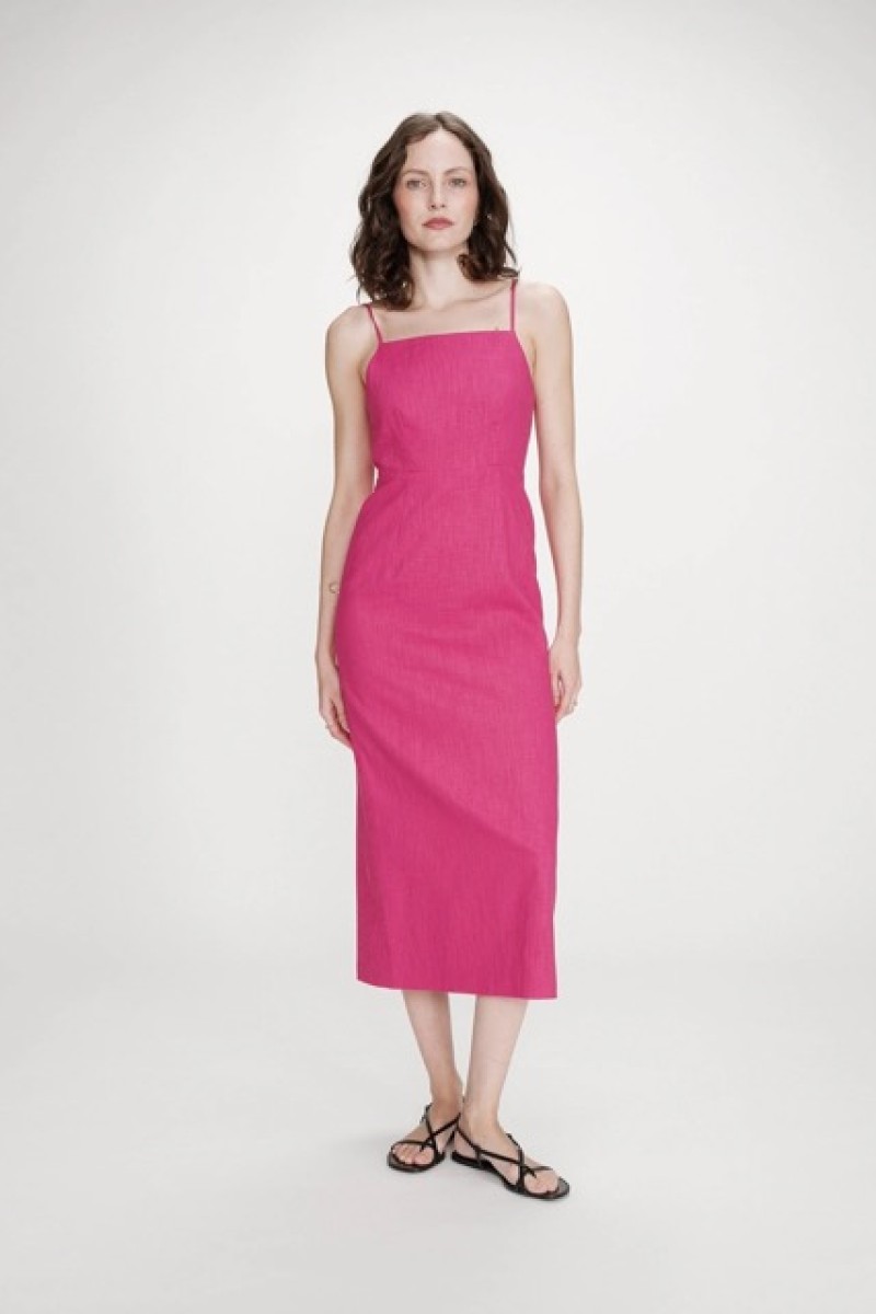 LINEN LONG DRESS WITH SQUARE NECKLINE FUCHSIA VERANYS