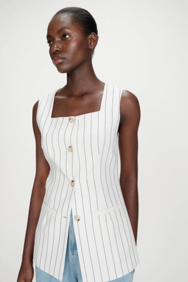 TAILORED PINSTRIPE LINEN  VEST WHITE VIC