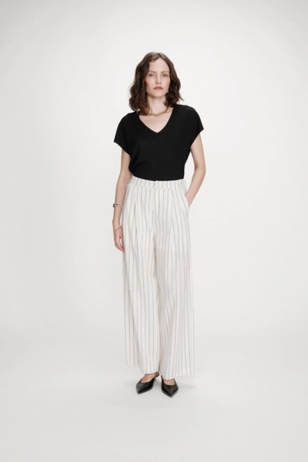 STRAIGHT LINEN TAILORED PANTS FINE STRIPES WHITE 