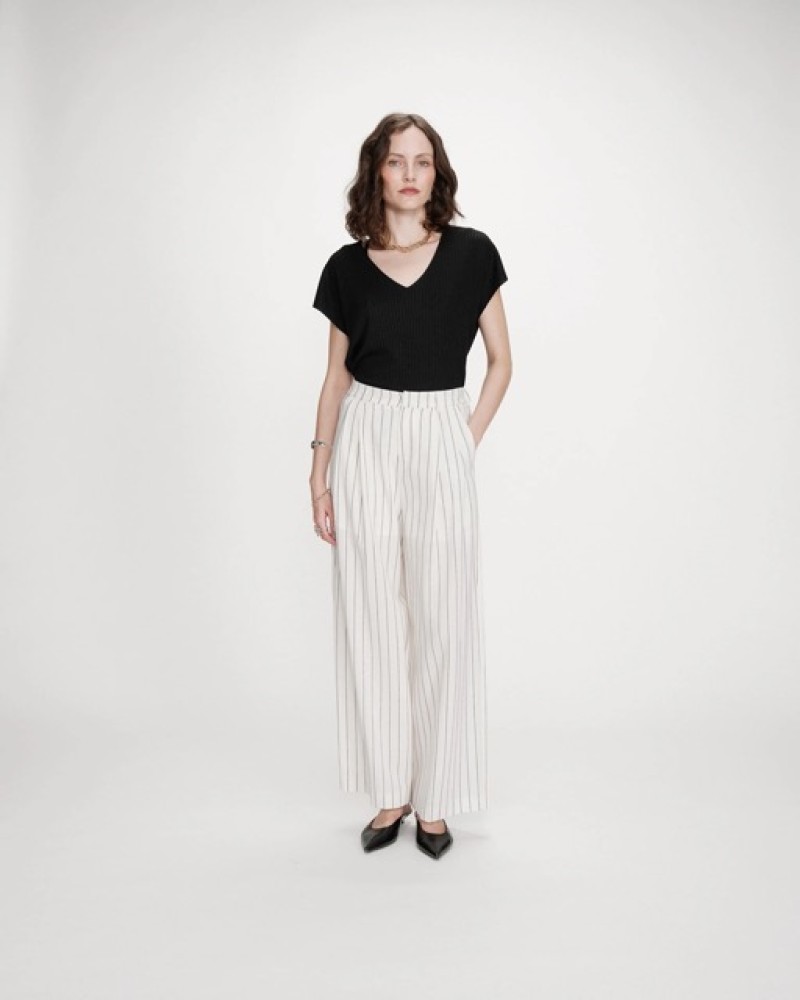 STRAIGHT LINEN TAILORED PANTS FINE STRIPES WHITE 