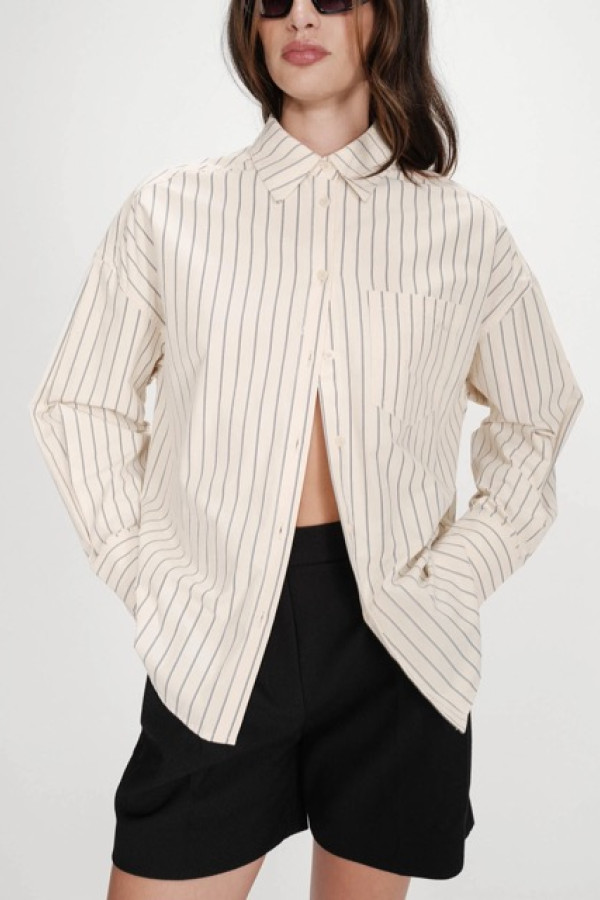OVERSIZED STRIPED SHIRT WITH TIE-BACK BLEUET VALERIE LONG SLEEVE