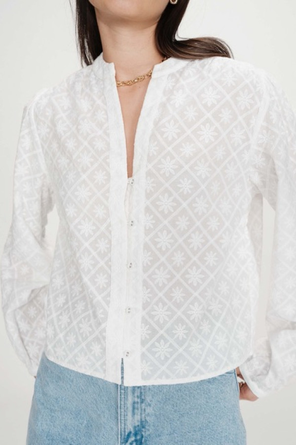 COTTON EMBROIDERED MAO-COLLAR BLOUSE IVOIRE VANDITA