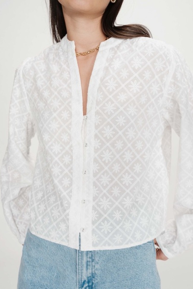 COTTON EMBROIDERED MAO-COLLAR BLOUSE IVOIRE VANDITA