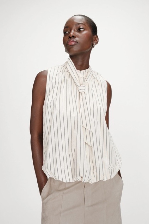BALLOON STRIPED TOP WITH TIE NECK VANILLE VANYA