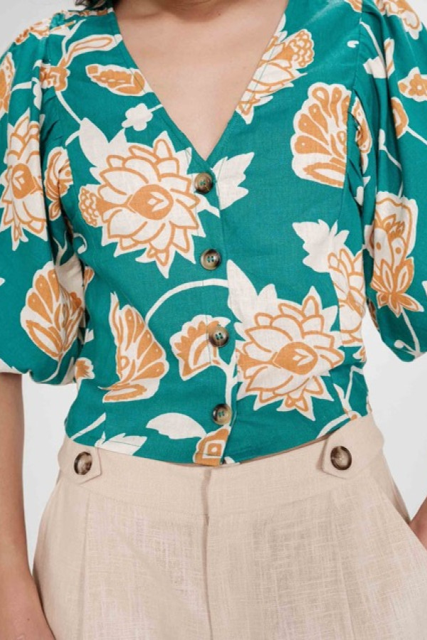 FLORAL LINEN TOP VERT VAHE