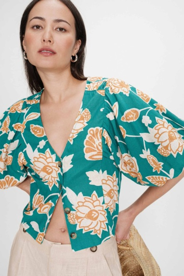 FLORAL LINEN TOP VERT VAHE
