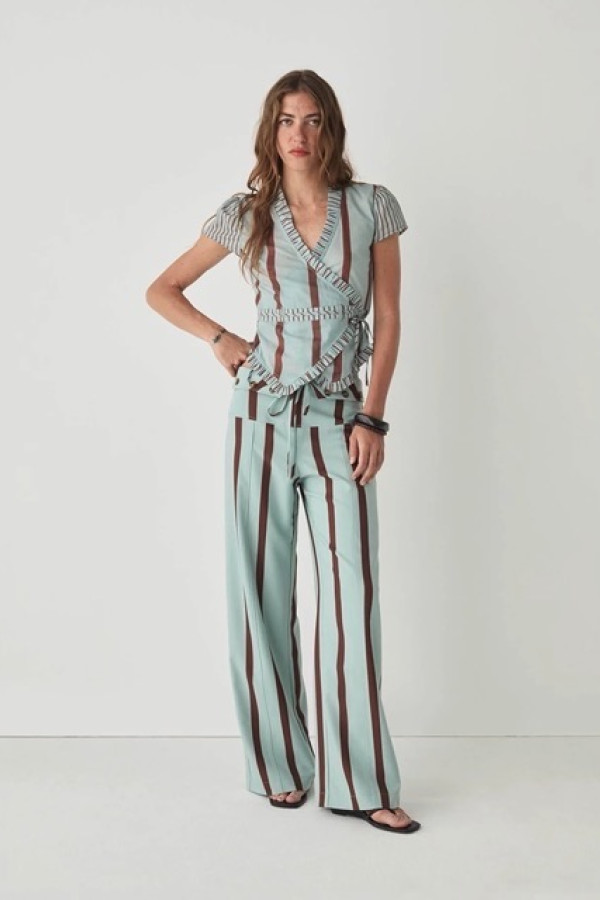 TASHI TURQUOISE STRIPED FLOW PANTS & ATENA STRIPED WRAP TOP