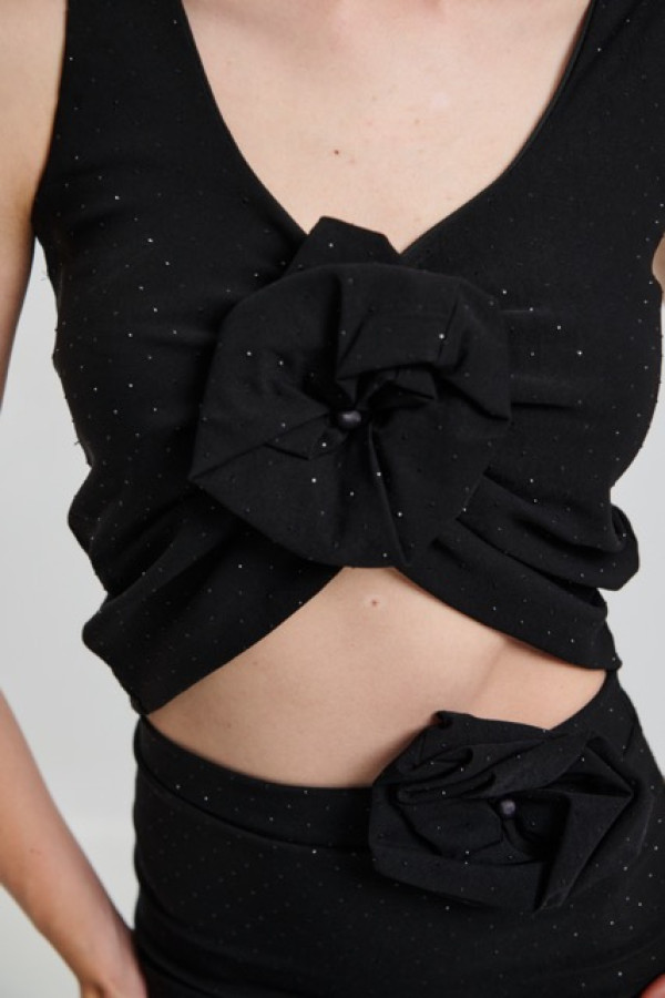 BLACK CROP TOP FLOWER STRASS AND SKIRT 