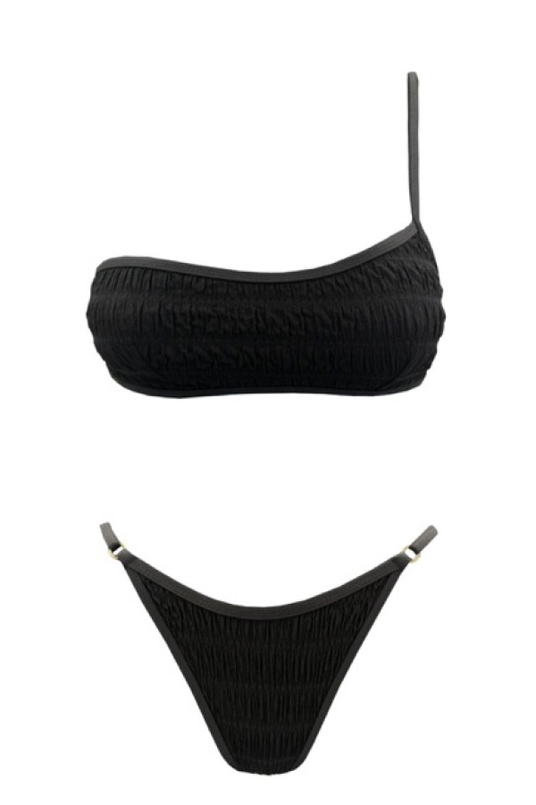 CRINKLED BLACK ONE SHOULDER BIKINI