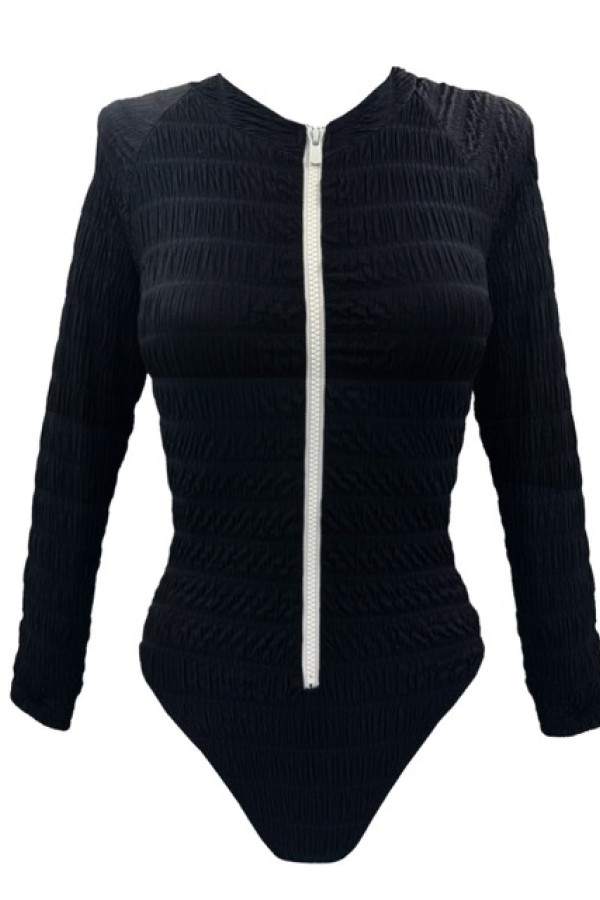 CRINKLED BLACK LONG SLEEVE ONE PIECE