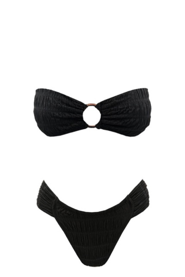 CRINKLED BLACK STRAPLESS BIKINI